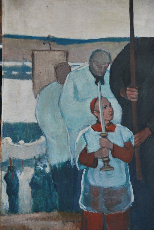 Brittany, Procession Large Oil On Canvas Signed De Mareels