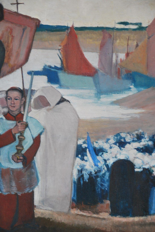 Brittany, Procession Large Oil On Canvas Signed De Mareels