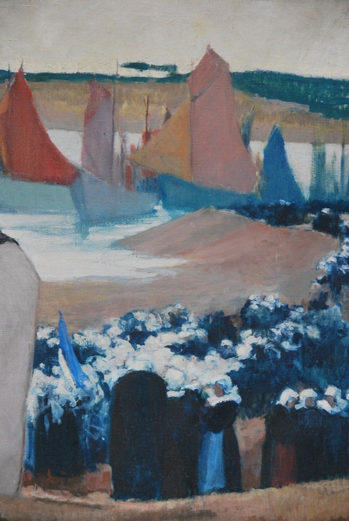 Brittany, Procession Large Oil On Canvas Signed De Mareels