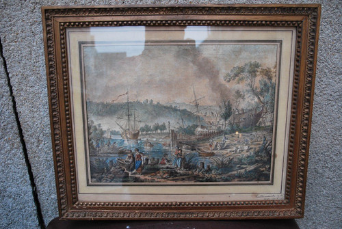 Jean Baptiste Lallemand, Aquarelle Scène De Port école XVIIIe siècle