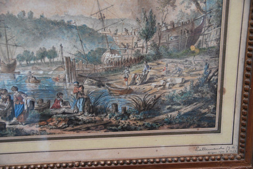 Jean Baptiste Lallemand, Aquarelle Scène De Port école XVIIIe siècle