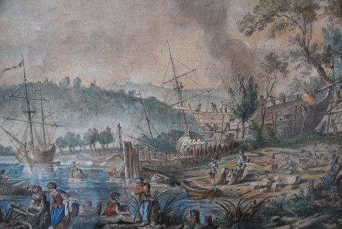 Jean Baptiste Lallemand, Aquarelle Scène De Port école XVIIIe siècle