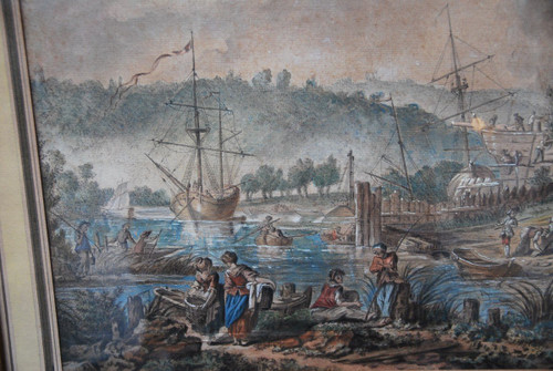 Jean Baptiste Lallemand, Aquarelle Scène De Port école XVIIIe siècle
