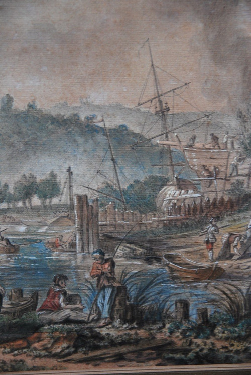 Jean Baptiste Lallemand, Aquarelle Scène De Port école XVIIIe siècle