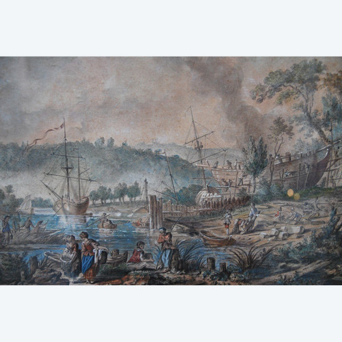 Jean Baptiste Lallemand, Aquarelle Scène De Port école XVIIIe siècle