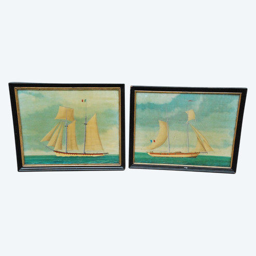 Deux Peintures Sur Verre, Goélettes  XIXe siècle