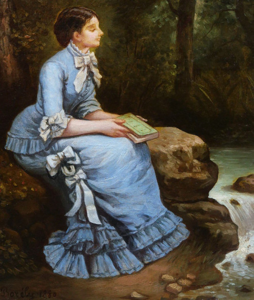 J. BORÉLY, Frau sitzt im Wald, ein Buch in der Hand