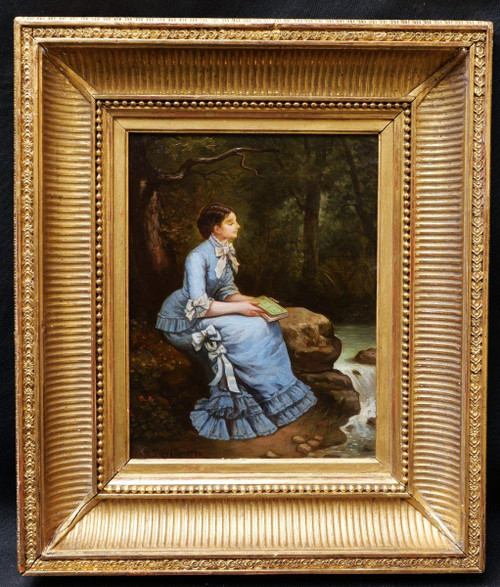 J. BORÉLY, Frau sitzt im Wald, ein Buch in der Hand