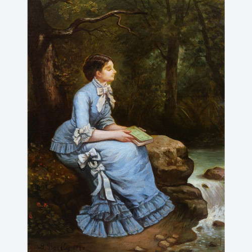J. BORÉLY, Frau sitzt im Wald, ein Buch in der Hand