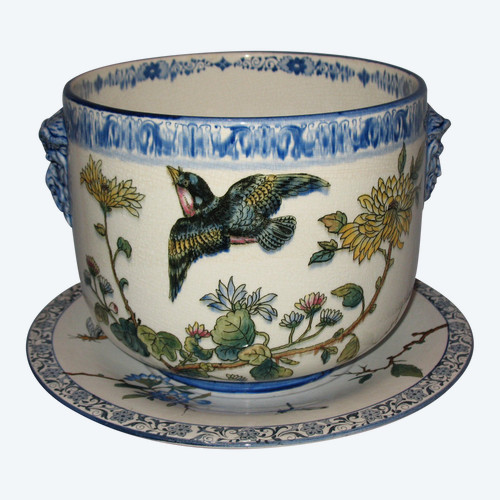 Large cachepot and its frame in Gien earthenware Japanese decor with a bird, 19th century