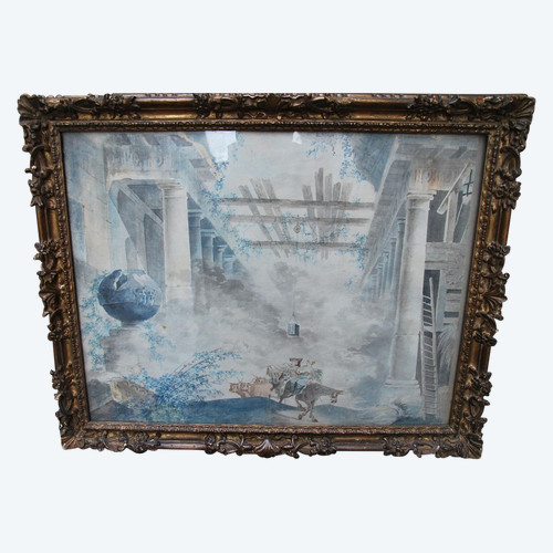 Fragonard, Suiveur De, Aquarelle XVIIIe siècle Avec Caprice Architectural