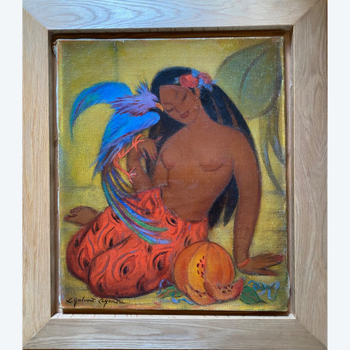 Polynesian with blue bird of paradise. Oil on canvas. L. Galand-Legendre.