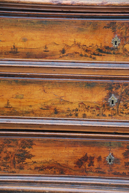 Commode En Noyer Fin XVII  Avec Scènes Paysagées
