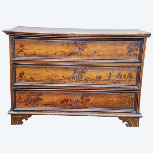 Commode En Noyer Fin XVII  Avec Scènes Paysagées