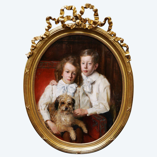 Lucien Hector JONAS, Portrait of two children with their dog