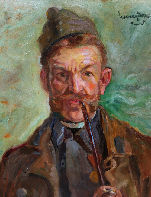 Dezső UDVARY, Self-portrait as a soldier with a pipe