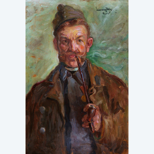 Dezső UDVARY, Self-portrait as a soldier with a pipe