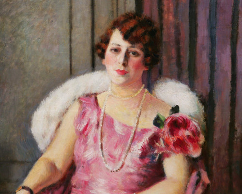 Charles François Prosper GUÉRIN, Porträt einer sitzenden Frau in einem rosa Kleid (GROSSFORMAT)