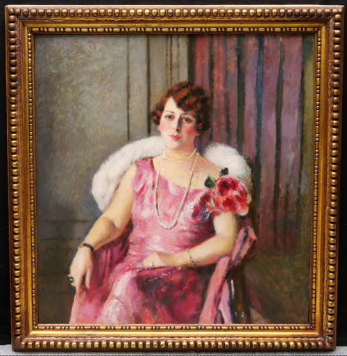 Charles François Prosper GUÉRIN, Porträt einer sitzenden Frau in einem rosa Kleid (GROSSFORMAT)