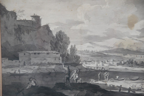 Dessin Au Lavis Paysage Et Architecture Suiveur De Joseph Vernet