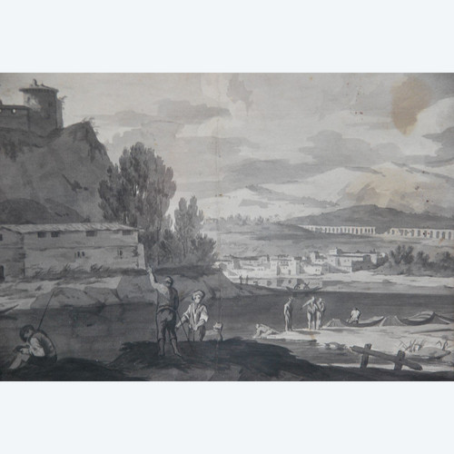 Dessin Au Lavis Paysage Et Architecture Suiveur De Joseph Vernet