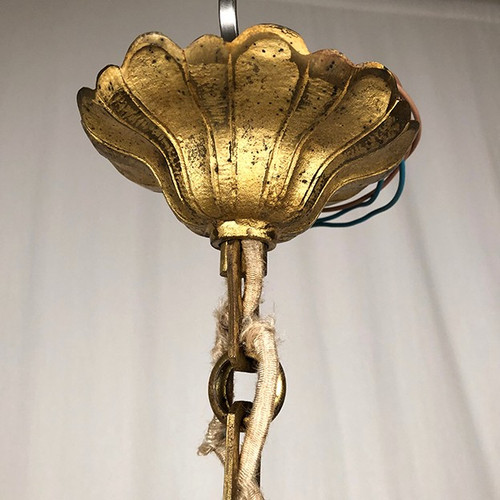 Lampadario a gabbia in ottone dorato e pendagli in vetro