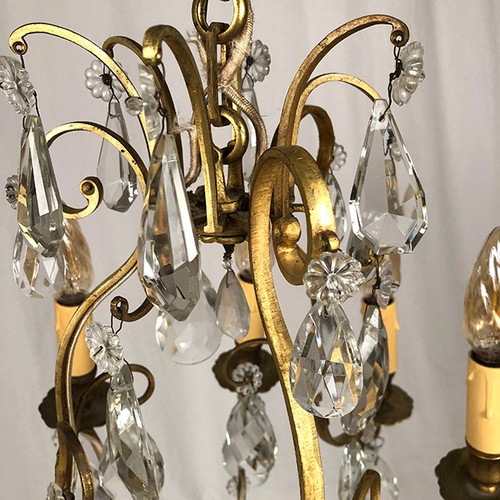 Lampadario a gabbia in ottone dorato e pendagli in vetro