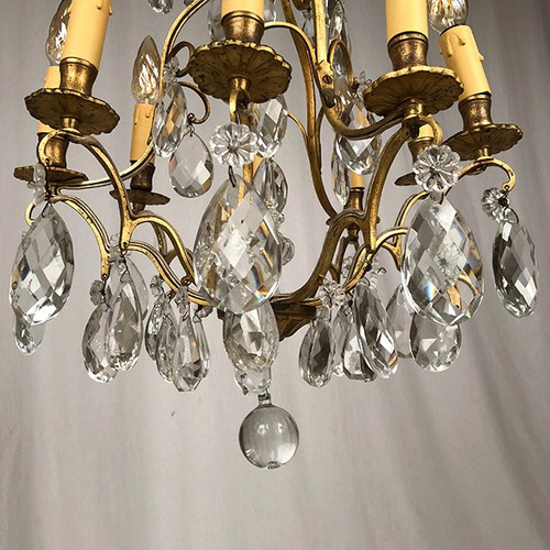 Lampadario a gabbia in ottone dorato e pendagli in vetro