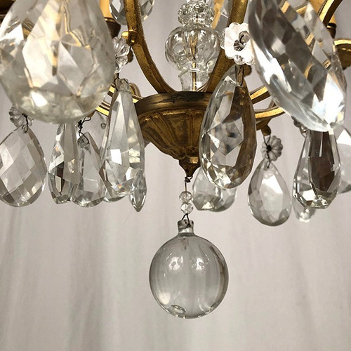 Lampadario a gabbia in ottone dorato e pendagli in vetro