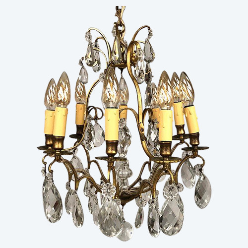 Lampadario a gabbia in ottone dorato e pendagli in vetro