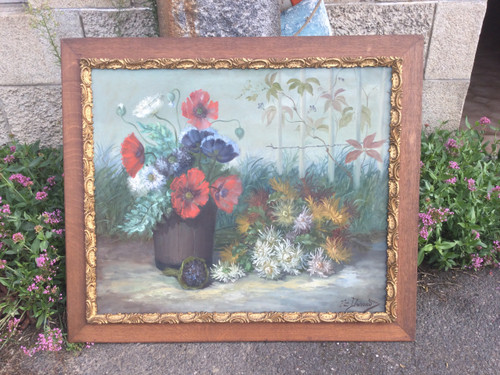 Large painting with poppies and anemones by F. DURAND