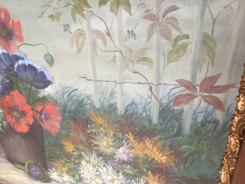 Large painting with poppies and anemones by F. DURAND