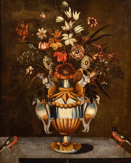 Blumen in einer klassischen Vase, Meister der Groteskenvase (Rom, 17. Jahrhundert)