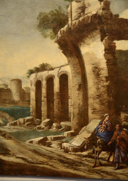 Paesaggio con rovine e scena biblica, Antonio Travi, detto il Sestri (Sestri Ponente 1608 - Genova 1665) cerchia