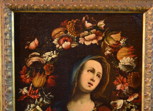 Giovanni Stanchi (Rom 1608 - 1675) Atelier, Blumengirlande mit der Jungfrau Maria