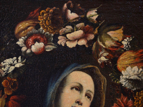 Giovanni Stanchi (Rom 1608 - 1675) Atelier, Blumengirlande mit der Jungfrau Maria