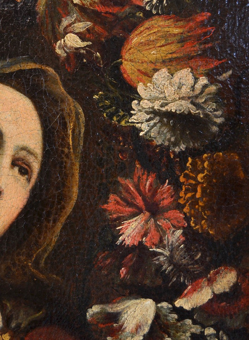 Giovanni Stanchi (Rom 1608 - 1675) Atelier, Blumengirlande mit der Jungfrau Maria