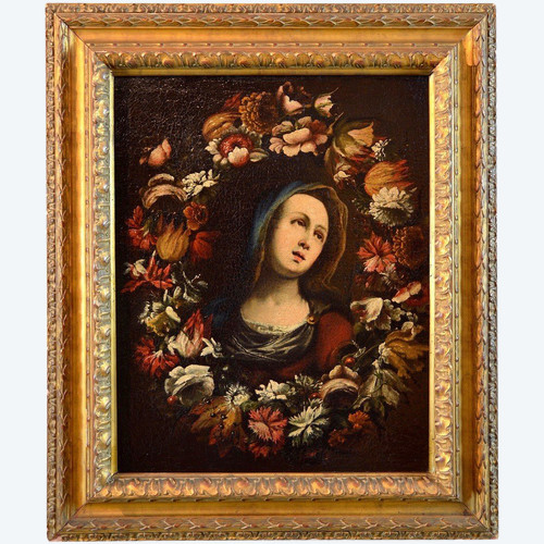 Giovanni Stanchi (Rom 1608 - 1675) Atelier, Blumengirlande mit der Jungfrau Maria