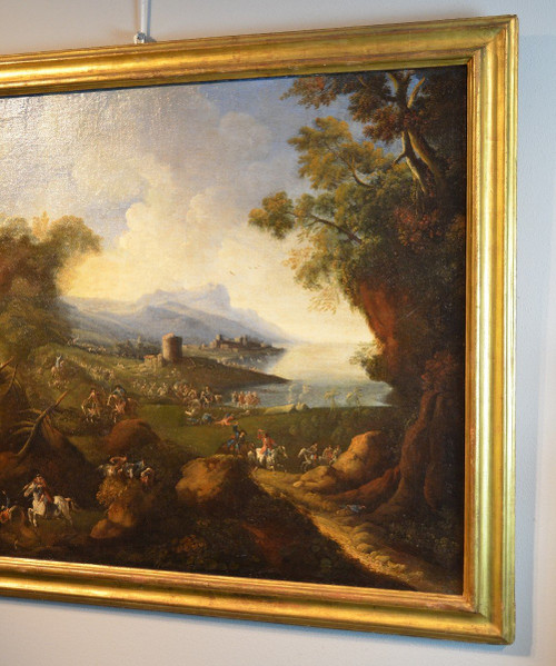 Pandolfo Reschi (1643 - 1699), Coastal Landscape With Fortified City, Castle And Battle