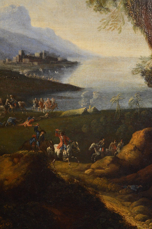 Pandolfo Reschi (1643 - 1699), Coastal Landscape With Fortified City, Castle And Battle