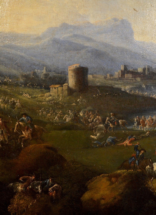 Pandolfo Reschi (1643 - 1699), Coastal Landscape With Fortified City, Castle And Battle