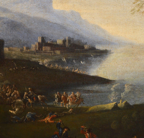 Pandolfo Reschi (1643 - 1699), Coastal Landscape With Fortified City, Castle And Battle