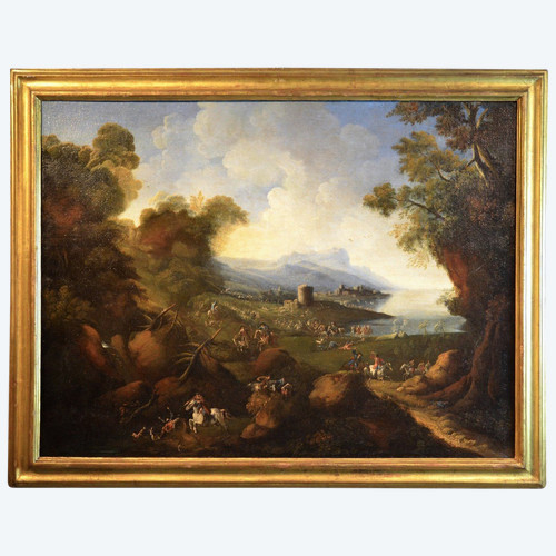 Pandolfo Reschi (1643 - 1699), Coastal Landscape With Fortified City, Castle And Battle