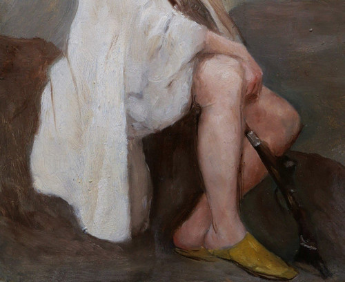 Scuola FRANCESE del XIX secolo, Giovane in costume orientale con in mano un fucile