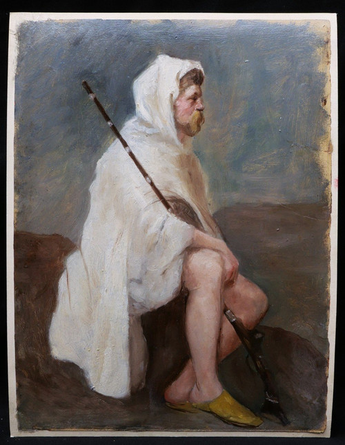 Scuola FRANCESE del XIX secolo, Giovane in costume orientale con in mano un fucile