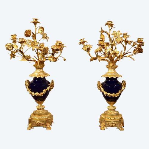 Pair Of Louis XVI Candelabra In Gilt Bronze And Blue Sèvres Porcelain, France 19th Century