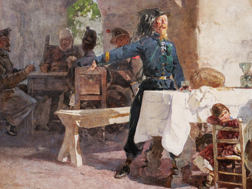 Paolo RICCARDI, Bersagliere, beggar and child in an inn