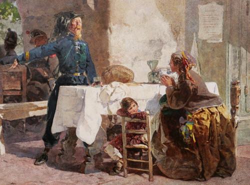 Paolo RICCARDI, Bersagliere, beggar and child in an inn