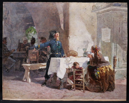 Paolo RICCARDI, Bersagliere, beggar and child in an inn