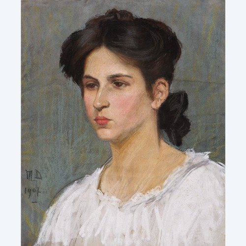 Marguerite DUBOIS de PACÉ, Porträt einer jungen brünetten Frau in einem weißen Hemd
